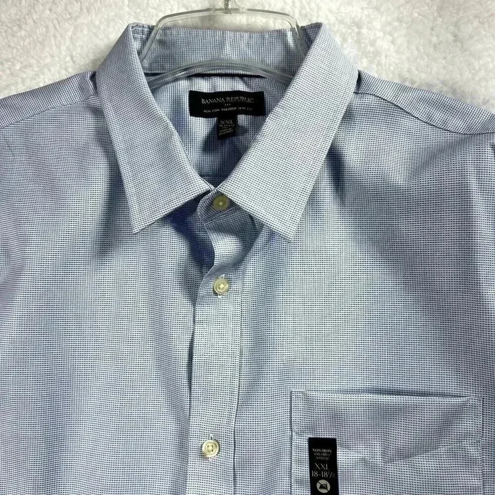 Banana Republic Men's XXL Basic Blue SlimFit Untucked NonIron Grid Pattern Shirt